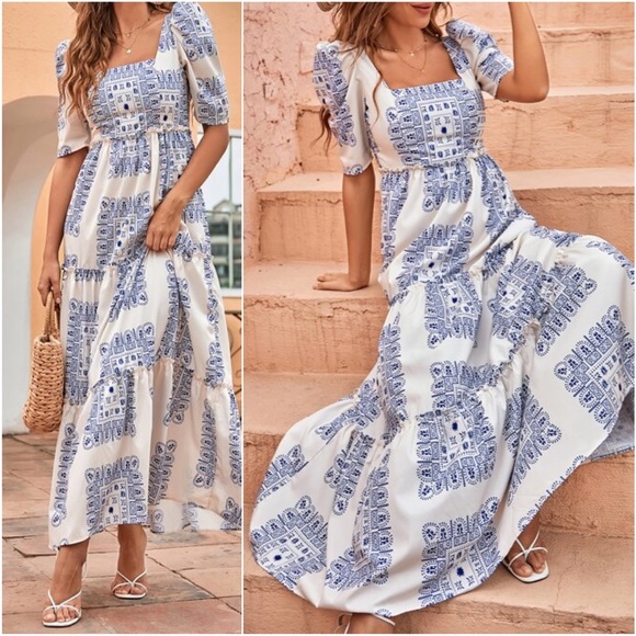 Boho Blue Puff Sleeve Maxi Dress Cottagecore - Picture 3 of 4